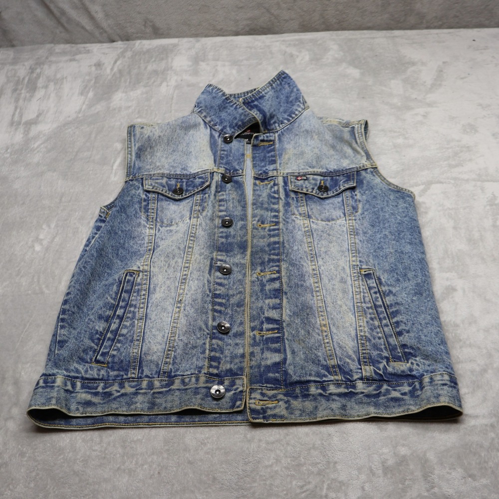 Southpole Denim Vest Mens Medium Blue Acid Wash Button Front Classic Retro Fade
